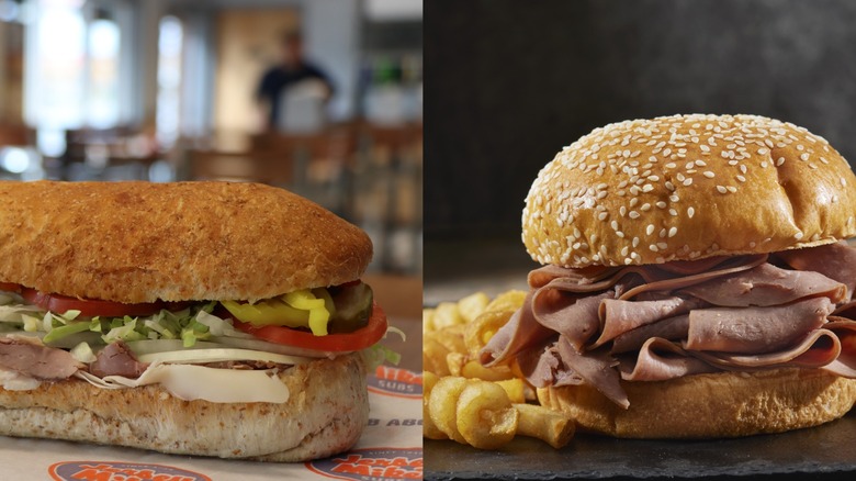 Jersey Mike's and Arby's roast beef sandwiches side by side