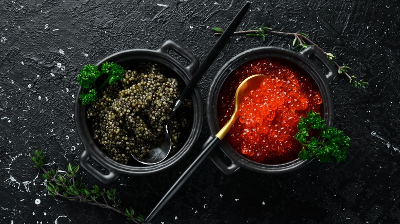 Caviar and roe in bowls