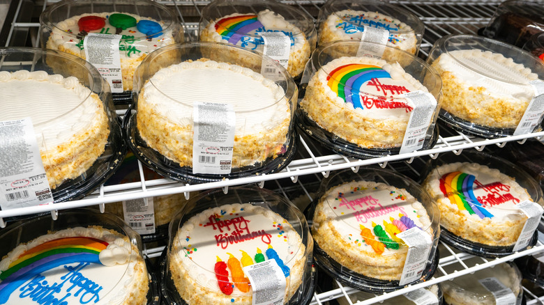 A case of Costco birthday cakes and plain cakes