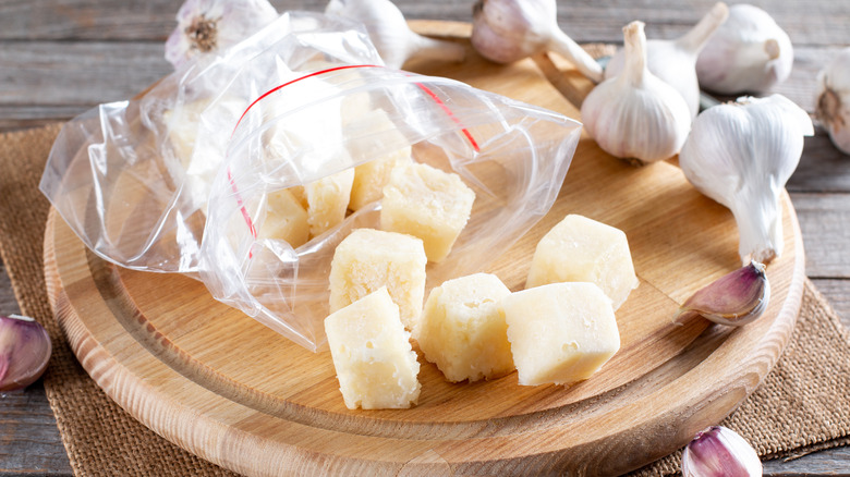 Frozen garlic cubes in bag