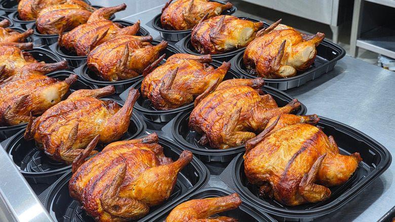 Rotisserie chickens lined up on open plastic trays