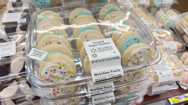 Stack of Frosted sugar cookies boxes in Walmart bakery
