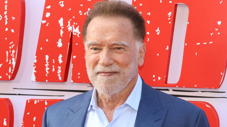 Arnold Schwarzenegger in a blue suit at an event for Netflix's FUBAR