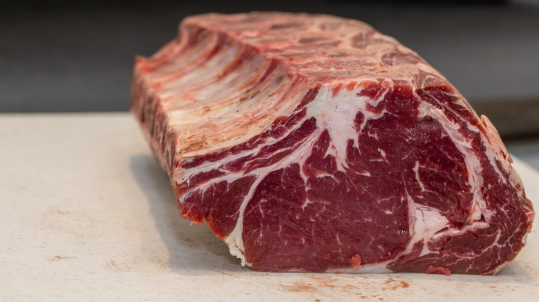 A prime rib roast waits to be cooked