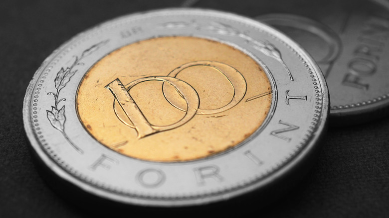Hugarian 100 forint coin on a dark background
