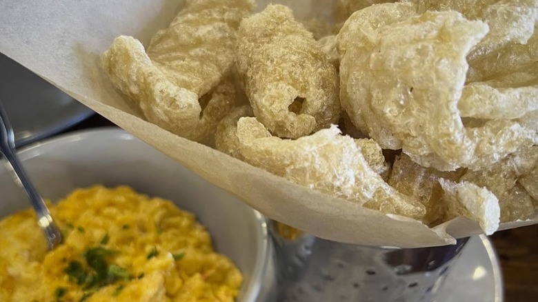 Pork rinds with pimento cheese, as served in at the Dollywood theme park