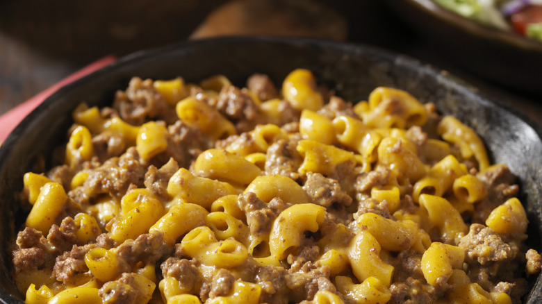 Cast iron pan of Hamburger Helper