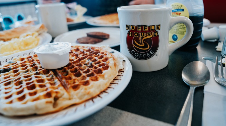 Waffle House breakfast spread with coffee