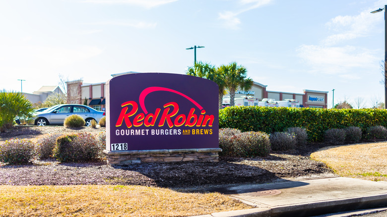 Exterior facade of sign building architecture for Red Robin chain restaurant