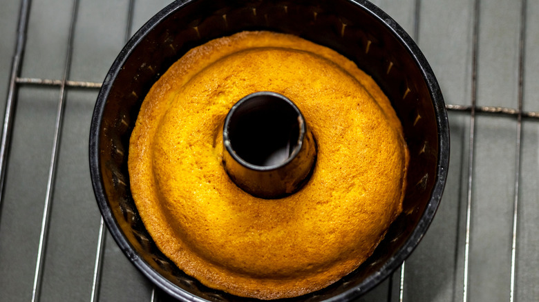 A baked bundt cake in the pan
