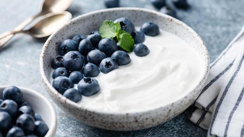 Organic blueberries in bowl of Greek yogurt