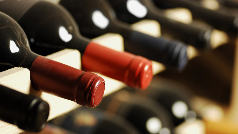 wine stored in wood racks
