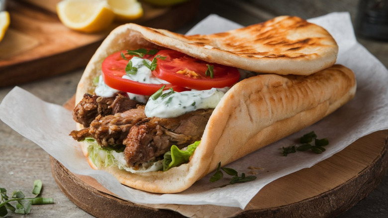 Greek gyros with meat, salad, tzaziki, and fresh tomato