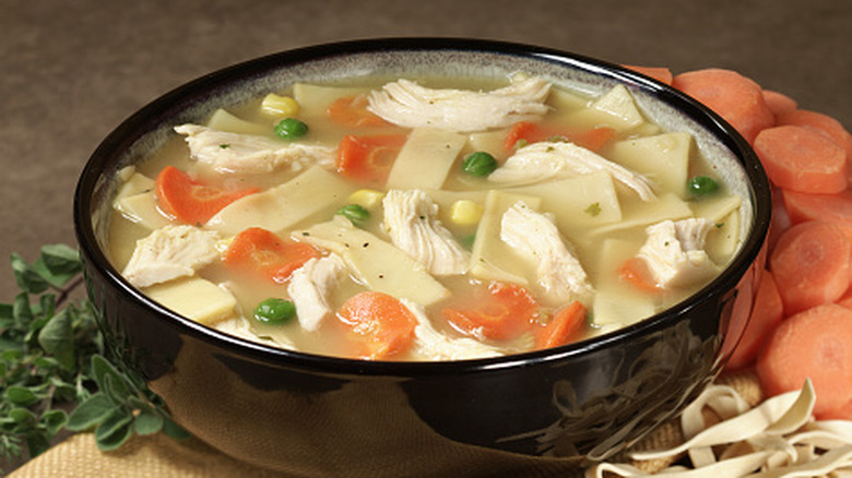 chicken noodle soup in black bowl