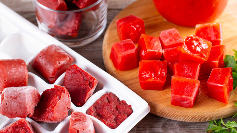 Tomato paste frozen into a ice cube tray