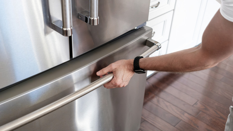 Close-up of person opening freezer door