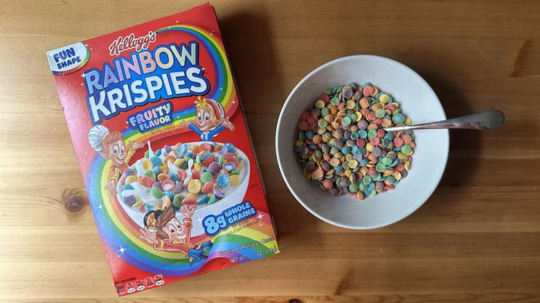 box of Kellog's Rainbow Krispies and a bowl