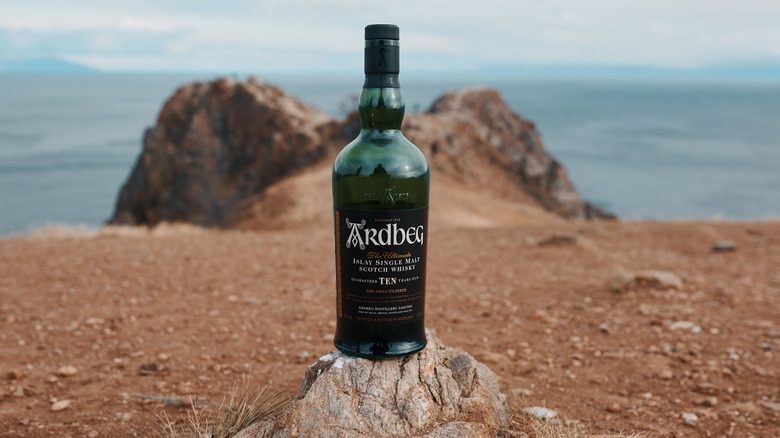 A bottle of Ardbeg 10-year perched on a rock with a blurred rocky background