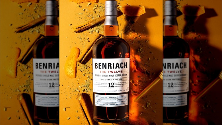 Benriach The Twelve shot on an orange background, showcasing some of its flavors