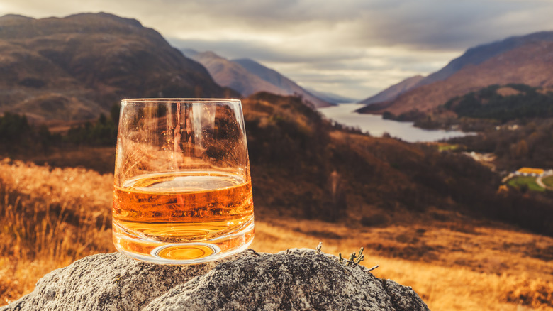 A glass of whisky sitting on top of a rock with in front of an beautiful Highland landscape