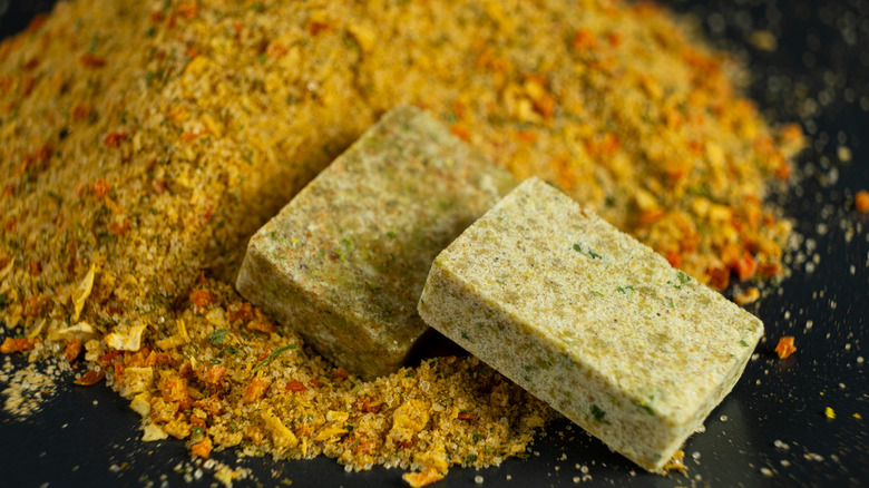 Close-up of cubes of compressed dried instant soup mix