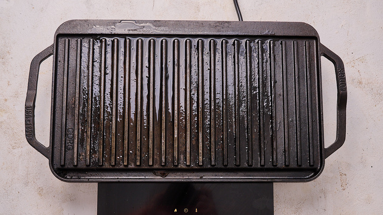 heating a grill pan with oil