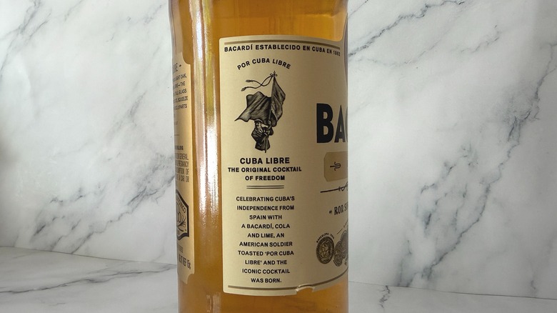 Side label on bottle of Bacardi Gold, discussing Cuba Libre history