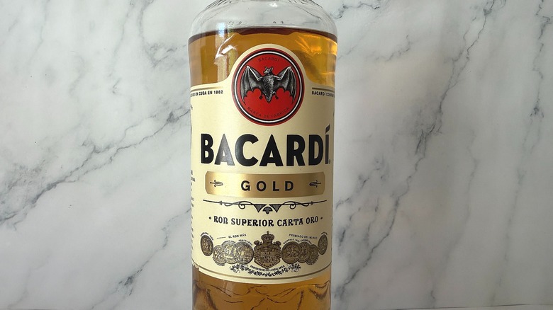 Close-up of front label of bottle of Bacardi Gold