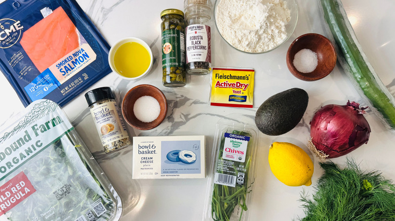 Ingredients for bagels and lox breakfast pizza