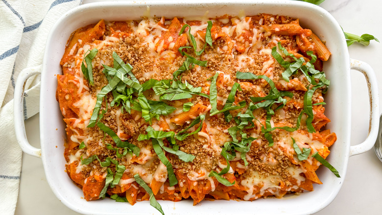 baking dish with baked penne