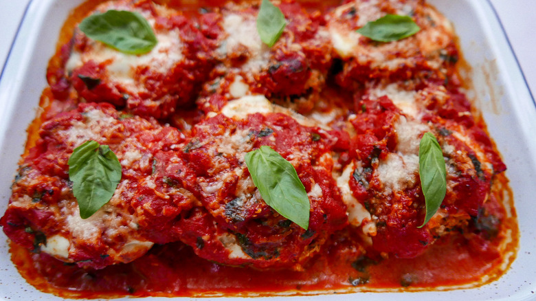 baked eggplant parmesan in dish