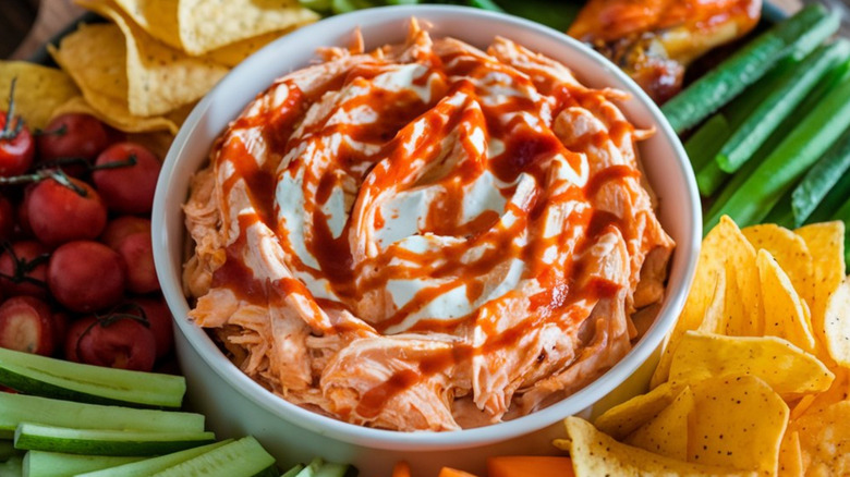 A bowl of buffalo chicken dip.