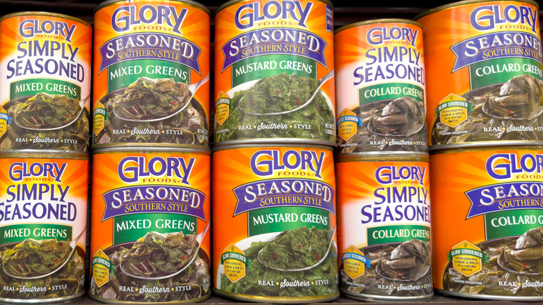 canned collard greens on shelves