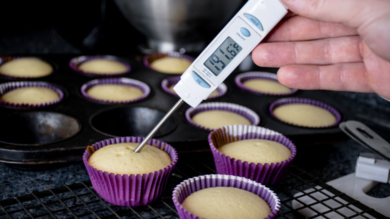 Testing cupcakes with digital meat thermometer