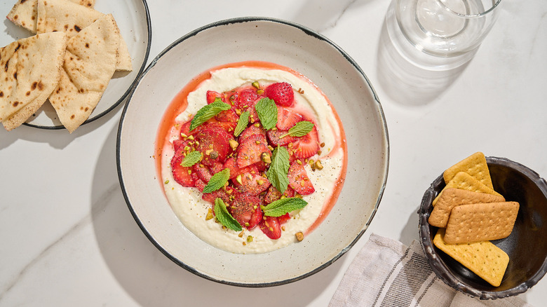 balsamic strawberries piled onto whipped feta