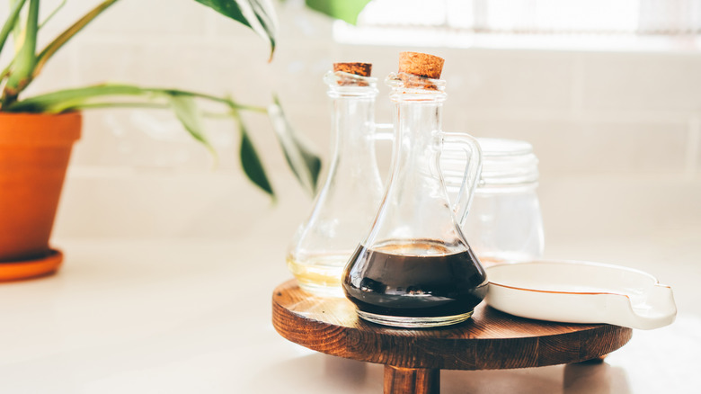 balsamic vinegar and oil on table