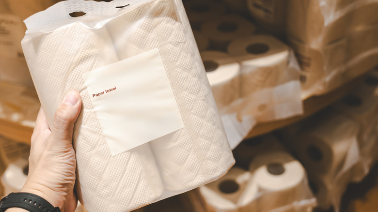 Double-packed bamboo paper towels in hand.