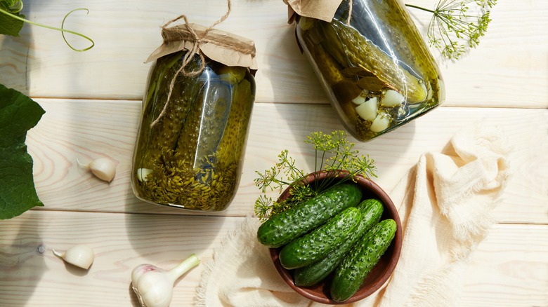 jars and bowl of homemade pickles
