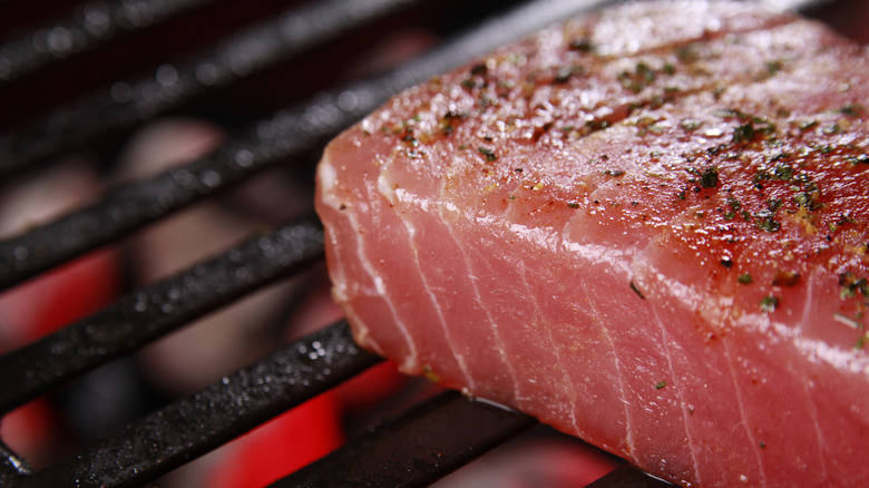 A piece of Ahi tuna grilling on a grill