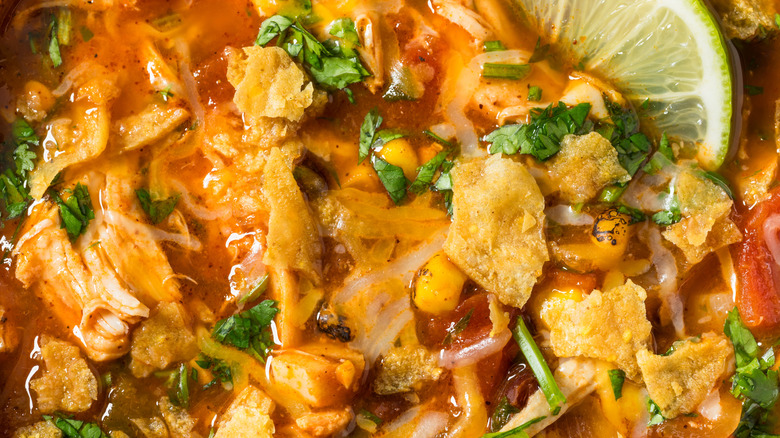 Chicken tortilla soup, close-up