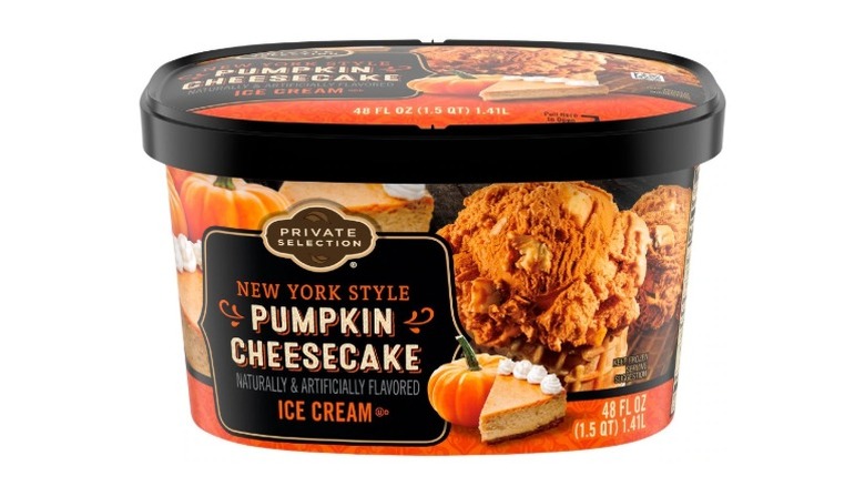 A beauty shot of a quart and a half of Kroger's Private Selection New York Style Pumpkin Cheesecake Ice Cream on a white background