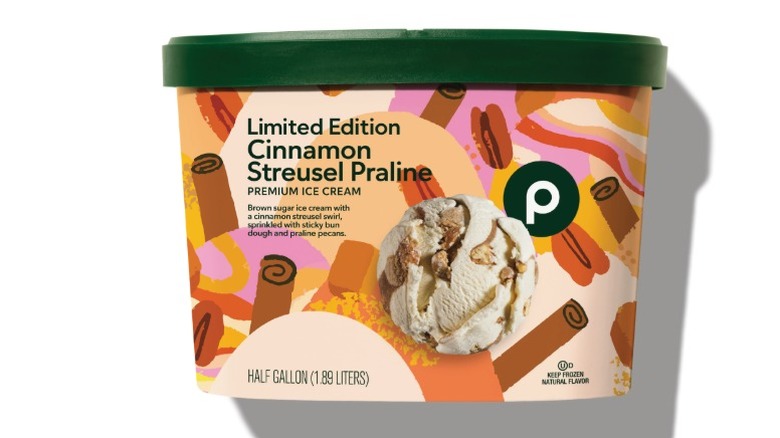 A beauty shot of a half gallon of Publix Cinnamon Streusel Praline Premium Ice Cream
