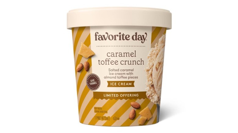 A pint of Favorite Day Caramel Toffee Crunch ice cream on a white background