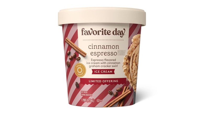 A beauty shot of a pint of Target's Favorite Day Cinnamon Espresso Ice Cream on a white background