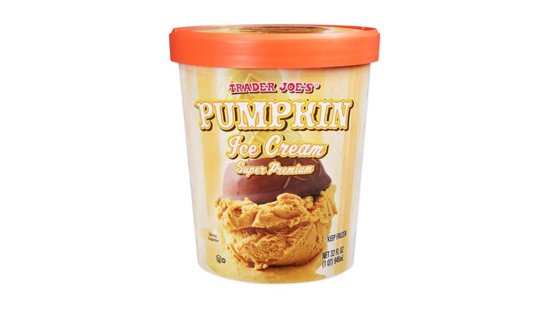 A beauty shot of a quart of Trader Joe's Pumpkin Ice Cream on a white background