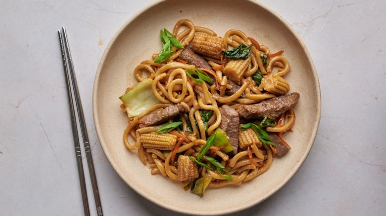 udon noodles with beef and veggies
