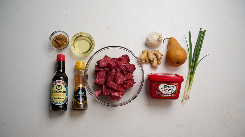 Beef bulgogi kebab ingredients on a table