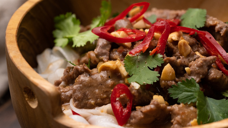 beef panang curry on noodles