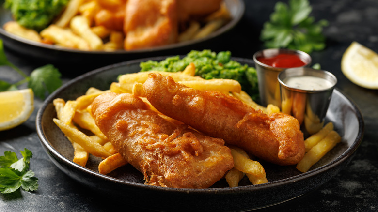 Fish and chips with a lemon slice