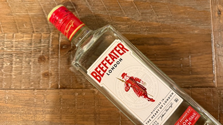 close up of a Beefeater London Dry Gin bottle